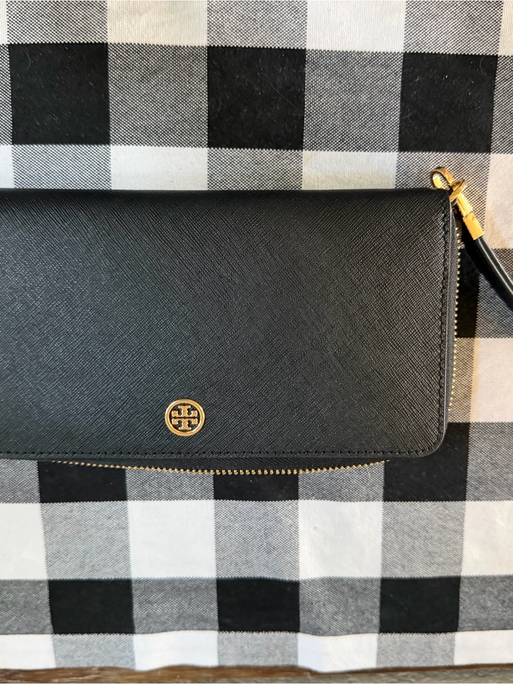 Tory Burch Black Saffiano Leather Zip Wristlet with Gold Logo